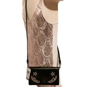 🌻COACH 31862🌻 BLACK SLIM LEATHER STUDDED SLIM PHONE CLUTCH CROSSBODY BAG $225